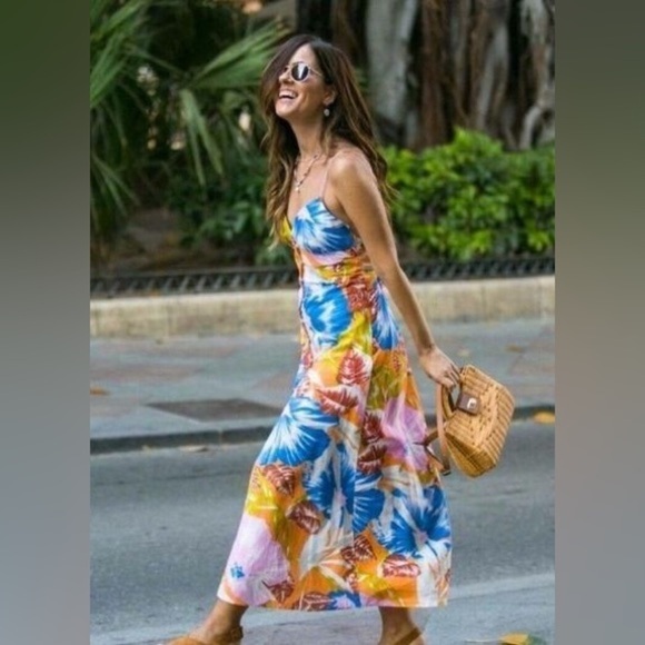 Zara Tropical print midi dress V-neck dress Front slit Open back multi color sun - Picture 6 of 7